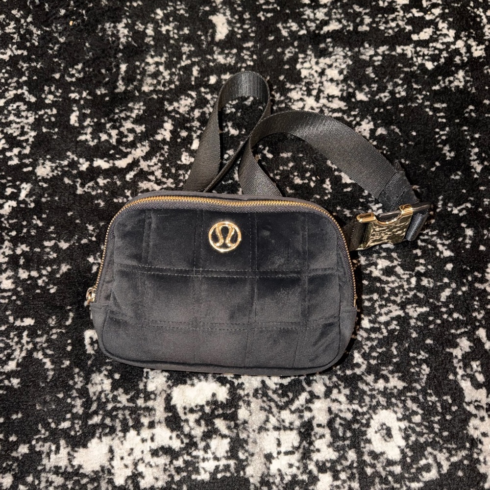 lululemon athletica Black Quilted Velvet Crossbody with Gold Logo